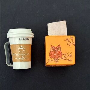American Girl Doll Accessories - Café Hot Cocoa Cup and Orange Owl Tissue Box